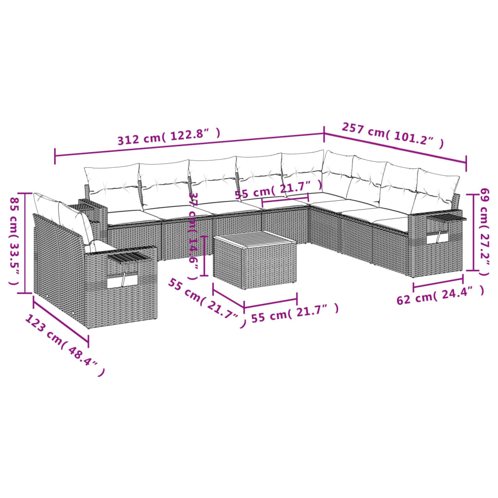 vidaXL 11-delige Tuinset met kussens poly rattan beige afbeelding