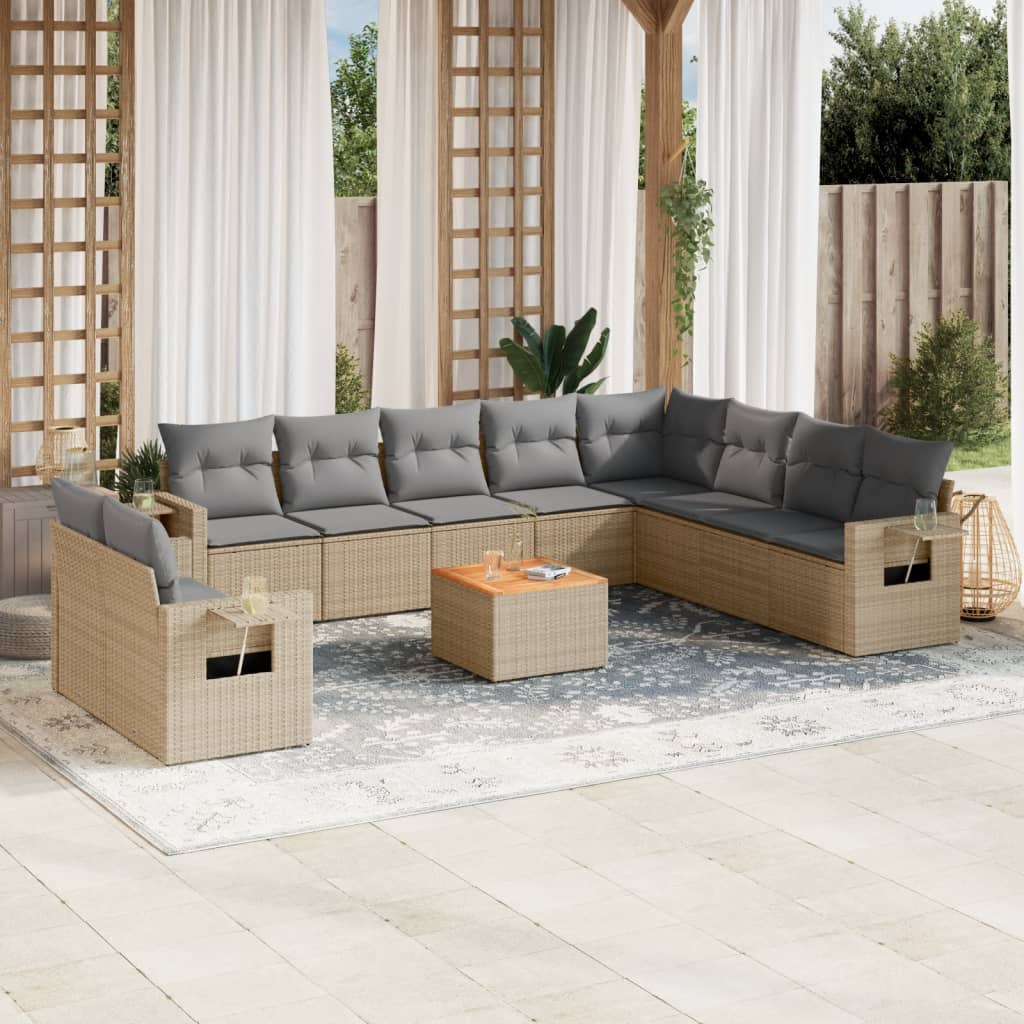 vidaXL 11-tlg. Garten-Sofagarnitur mit Kissen Beige Poly Rattan