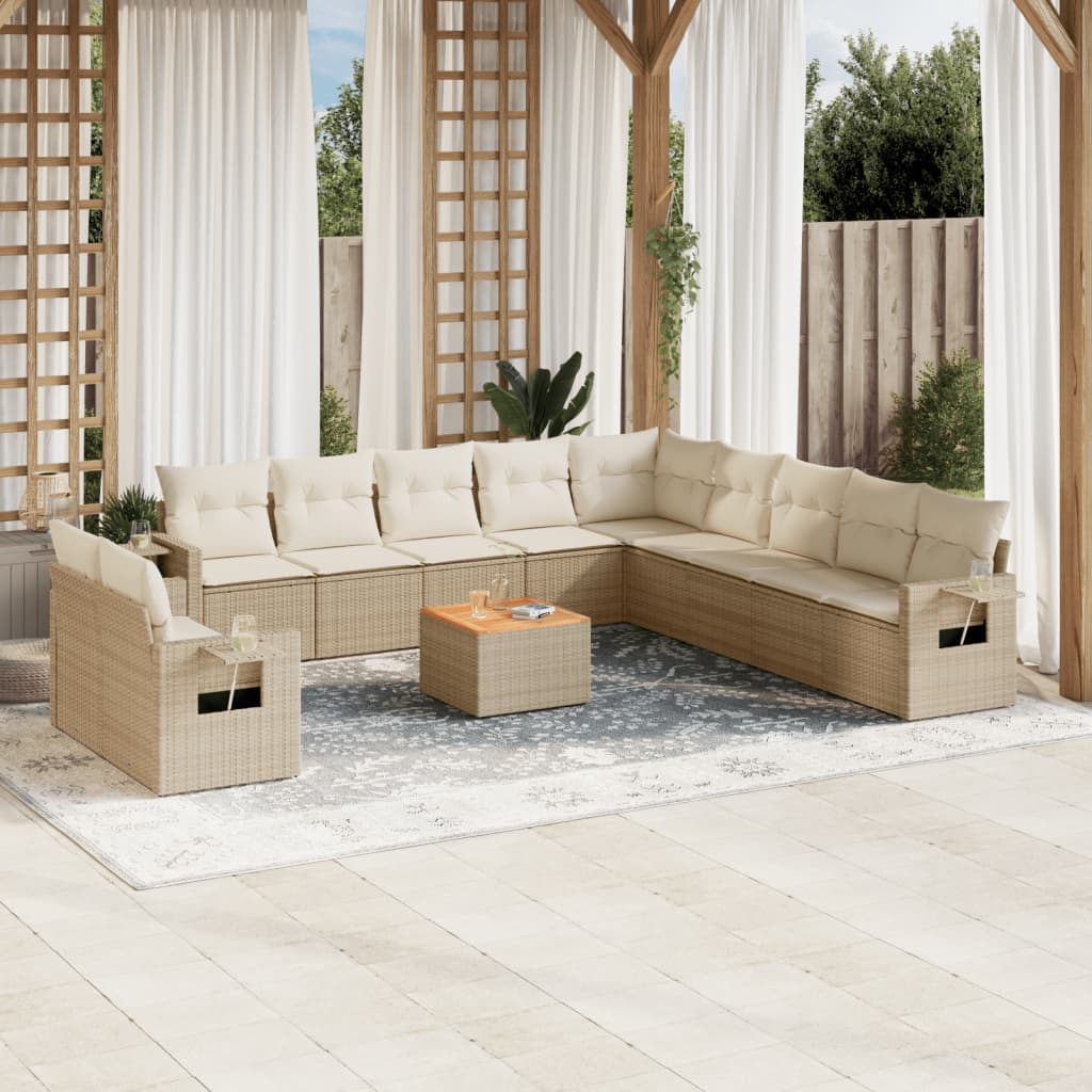 vidaXL 12-tlg. Garten-Sofagarnitur mit Kissen Beige Poly Rattan