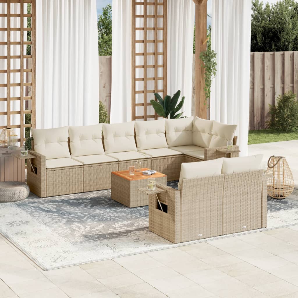 vidaXL 9-tlg. Garten-Sofagarnitur mit Kissen Beige Poly Rattan