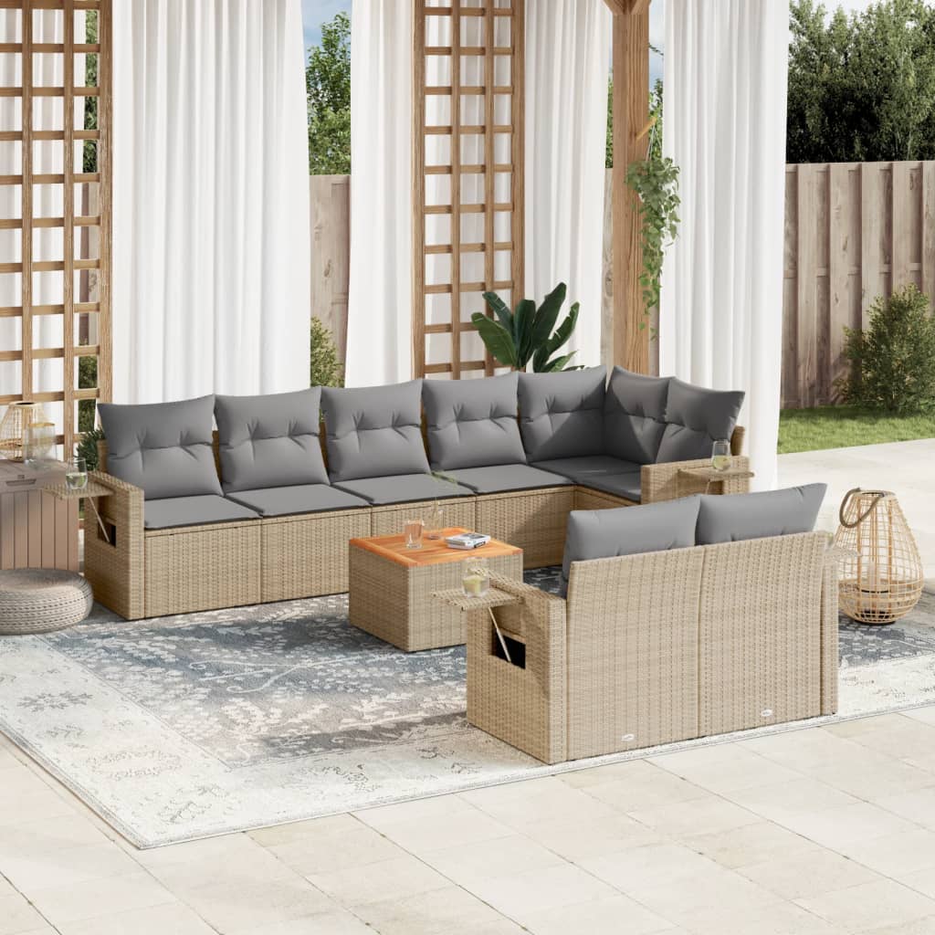 vidaXL 9-tlg. Garten-Sofagarnitur mit Kissen Beige Poly Rattan