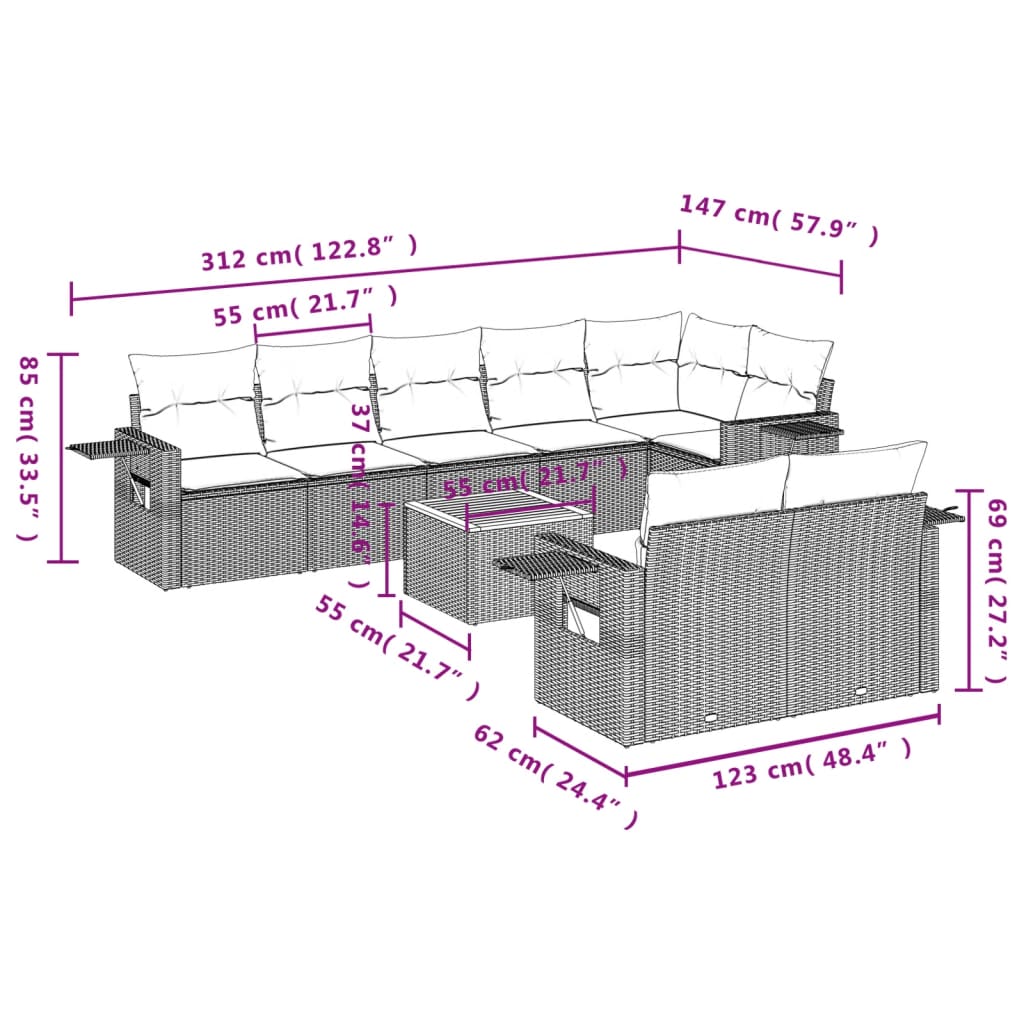 vidaXL 9-delige Loungeset met kussens poly rattan grijs afbeelding