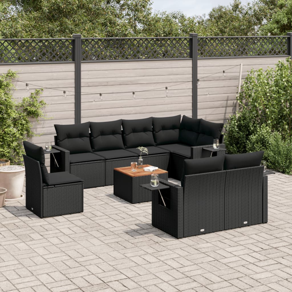 vidaXL 9-tlg. Garten-Sofagarnitur mit Kissen Schwarz Poly Rattan