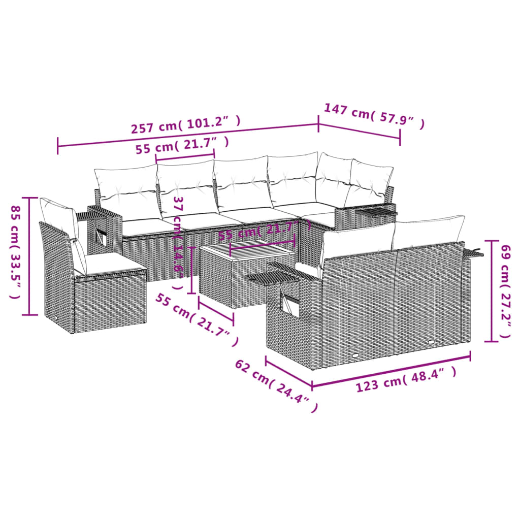 vidaXL 9-delige Loungeset met kussens poly rattan zwart afbeelding