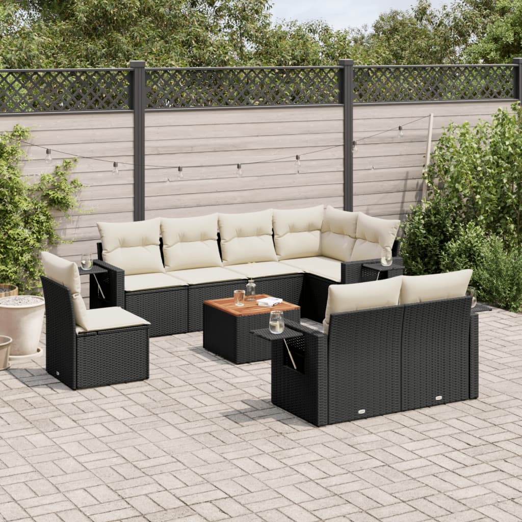 vidaXL 9-tlg. Garten-Sofagarnitur mit Kissen Schwarz Poly Rattan