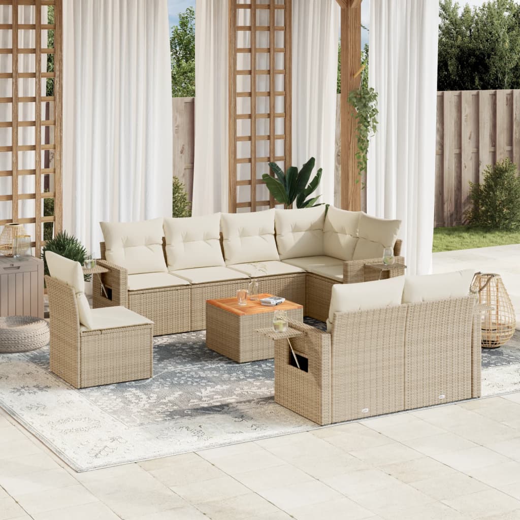 vidaXL 9-tlg. Garten-Sofagarnitur mit Kissen Beige Poly Rattan