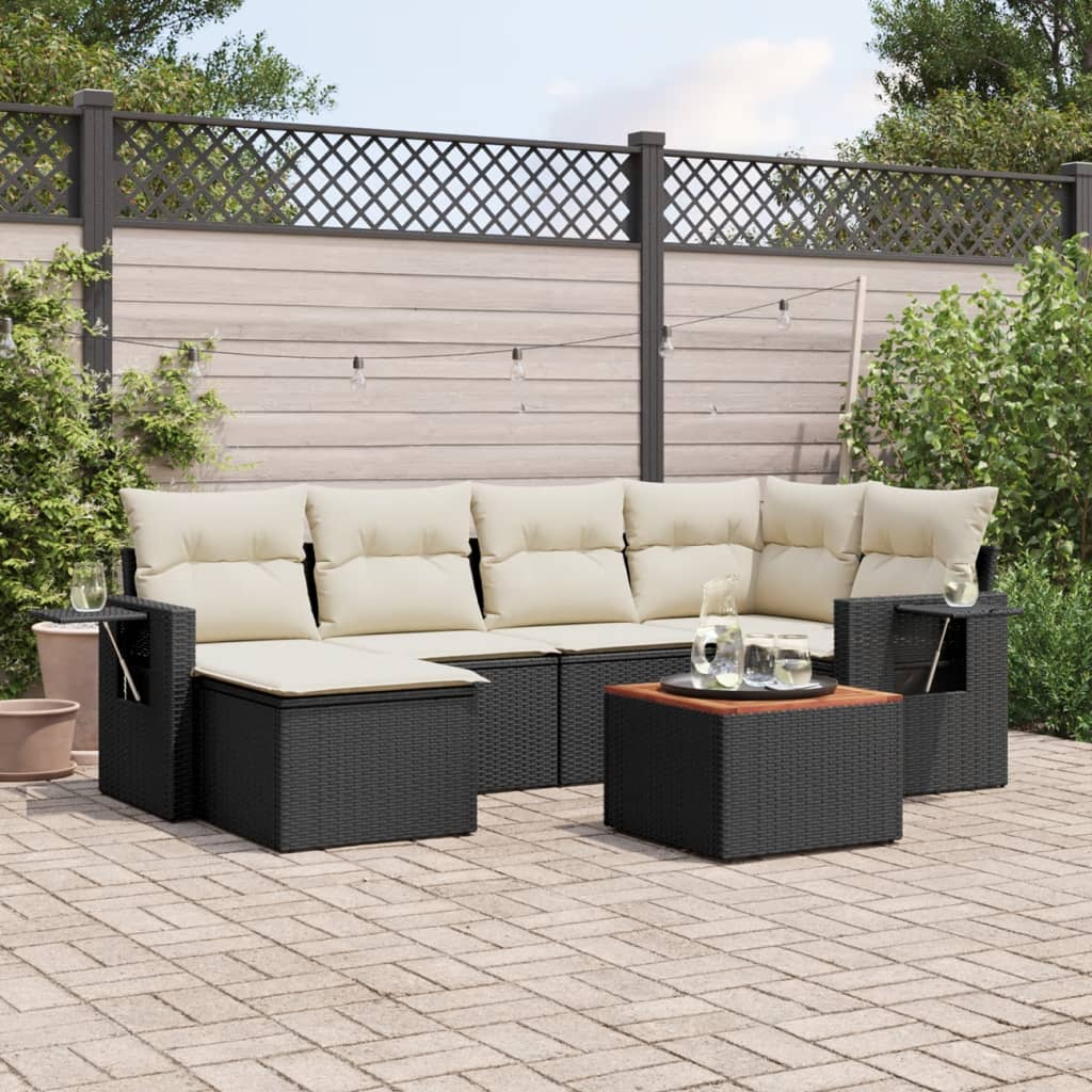 vidaXL 7-tlg. Garten-Sofagarnitur mit Kissen Schwarz Poly Rattan