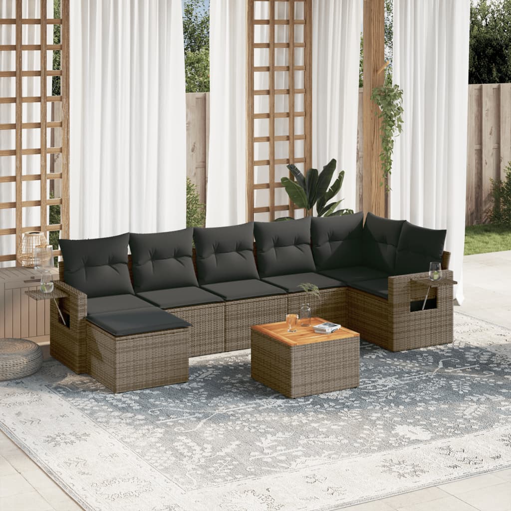 8-tlg. Garten-Sofagarnitur mit Kissen Grau Poly Rattan