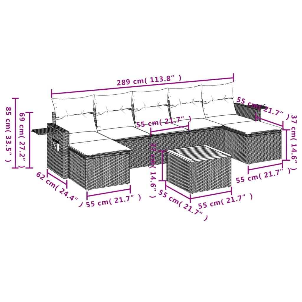 vidaXL 8-delige Loungeset met kussens poly rattan grijs afbeelding