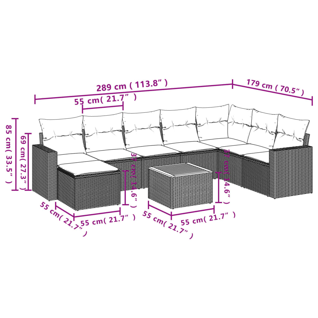 vidaXL 9-delige Loungeset met kussens poly rattan grijs afbeelding