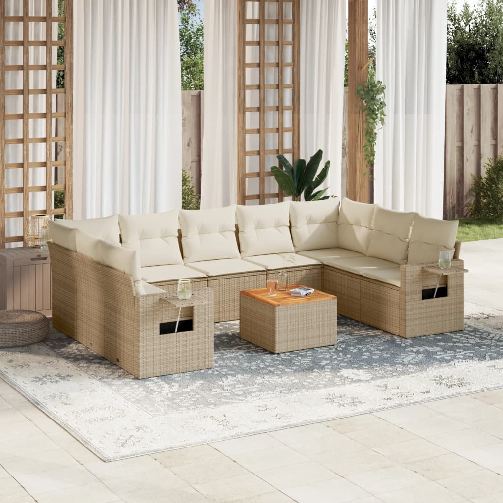 vidaXL 10-tlg. Garten-Sofagarnitur mit Kissen Beige Poly Rattan