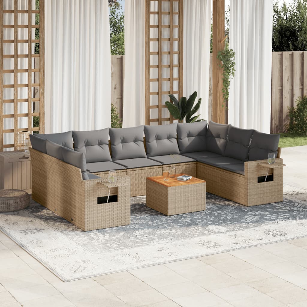 vidaXL 10-tlg. Garten-Sofagarnitur mit Kissen Beige Poly Rattan