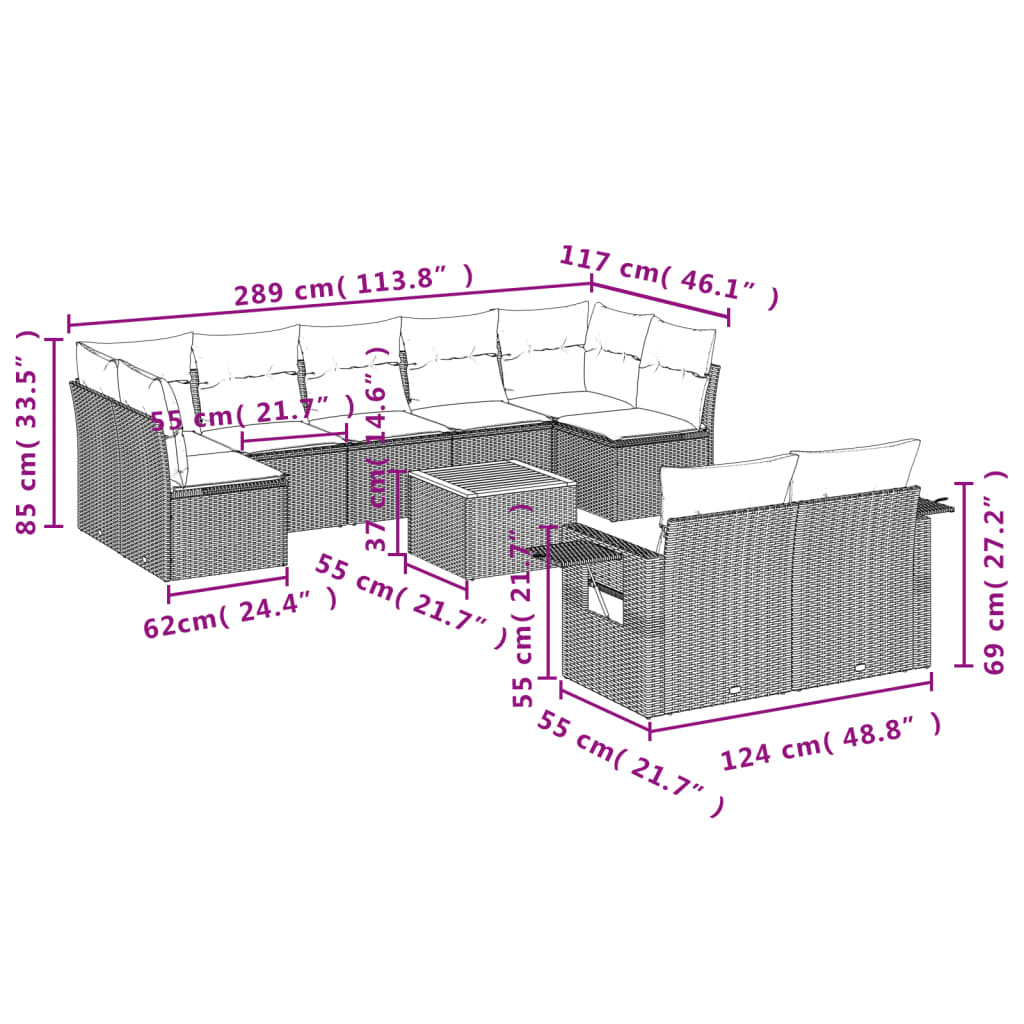 vidaXL 10-delige Loungeset met kussens poly rattan gemengd beige