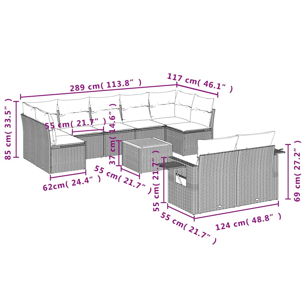 Set mobilier de grădină cu perne, 10 piese, gri, poliratan 3257047 - imagine 3