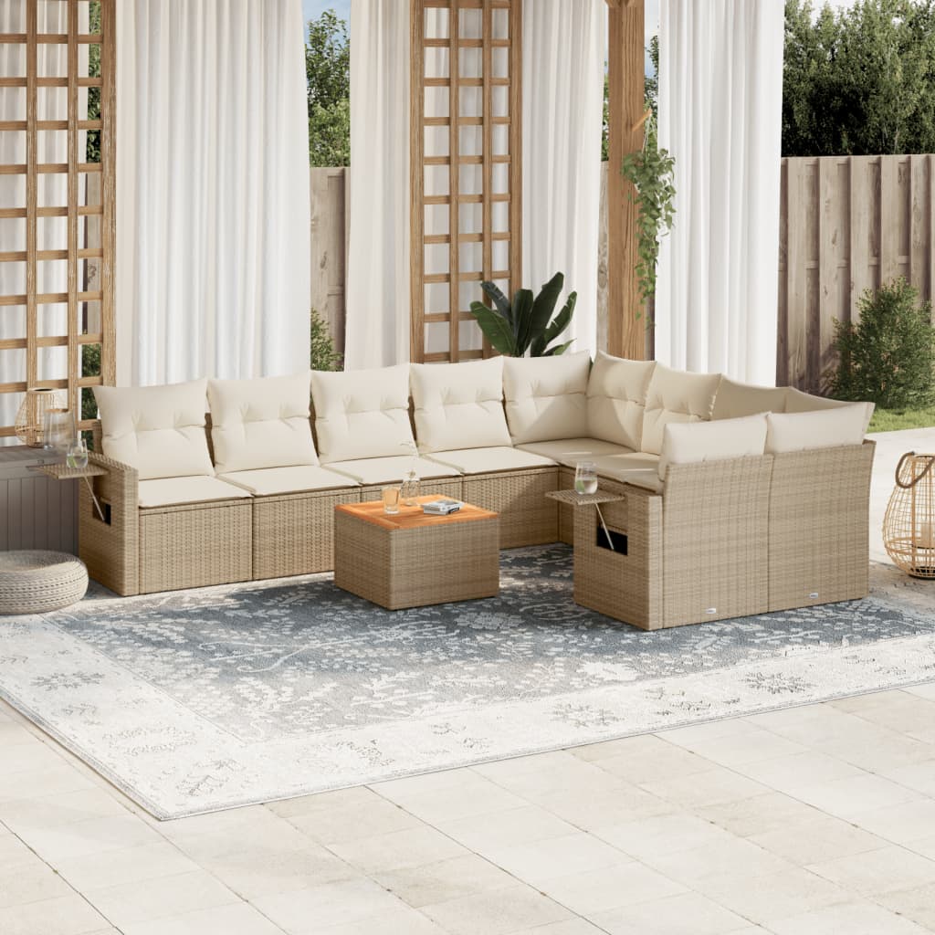 vidaXL 10-tlg. Garten-Sofagarnitur mit Kissen Beige Poly Rattan