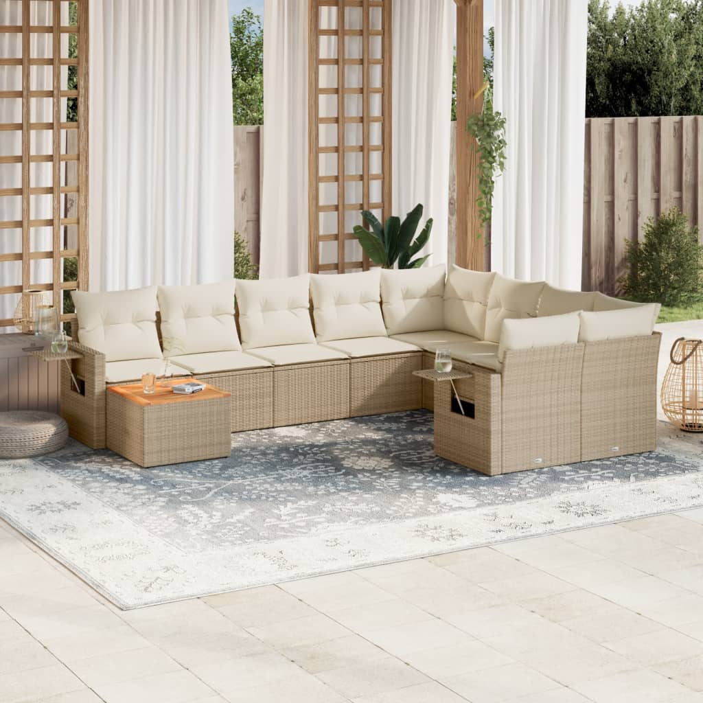 vidaXL 10-tlg. Garten-Sofagarnitur mit Kissen Beige Poly Rattan