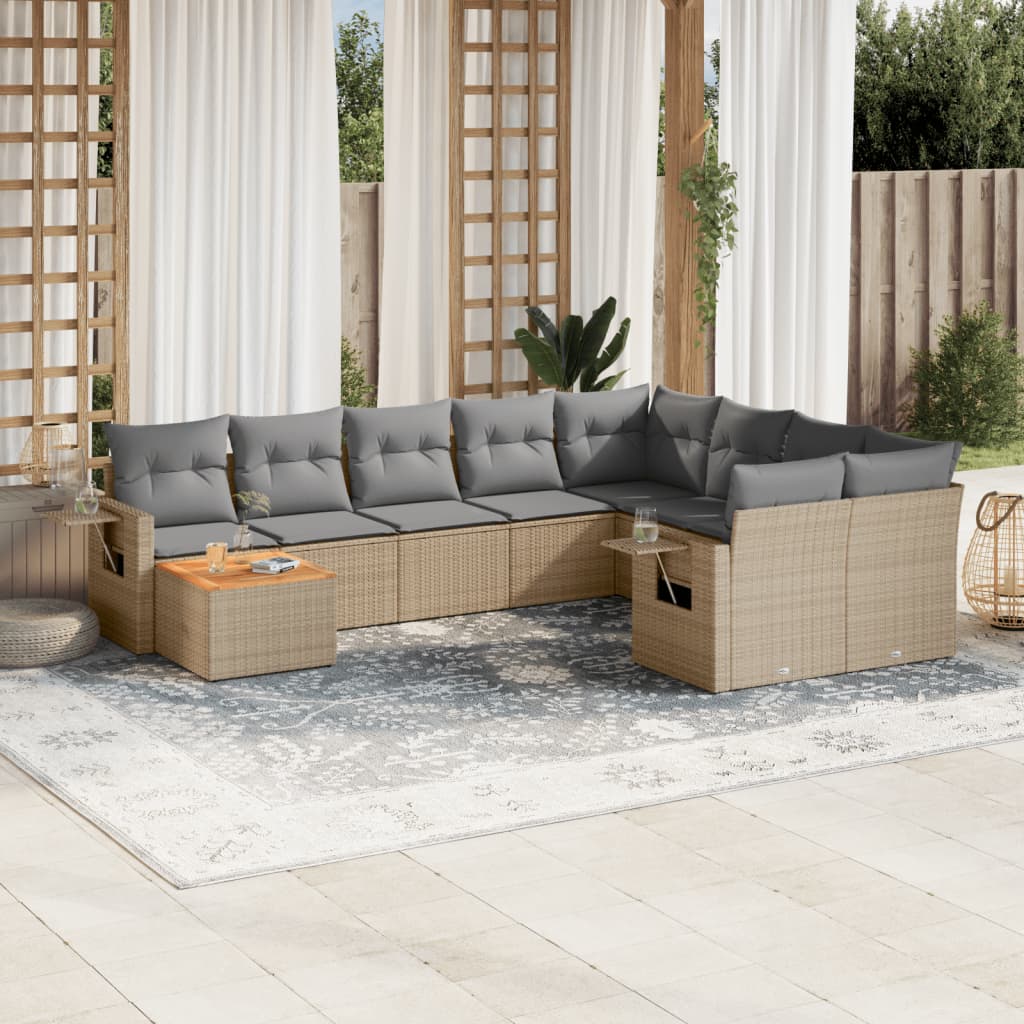 vidaXL 10-tlg. Garten-Sofagarnitur mit Kissen Beige Poly Rattan