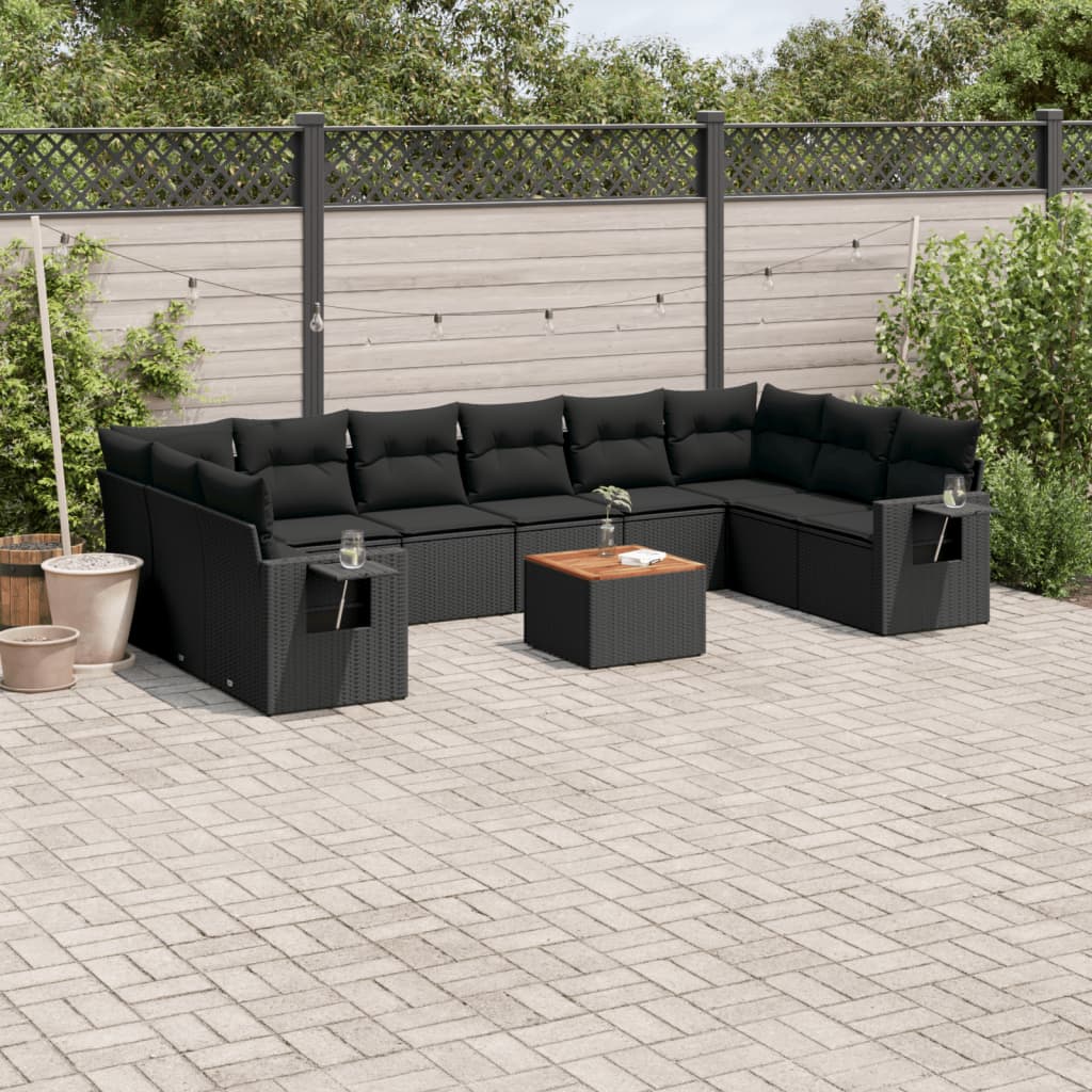 vidaXL 11-tlg. Garten-Sofagarnitur mit Kissen Schwarz Poly Rattan