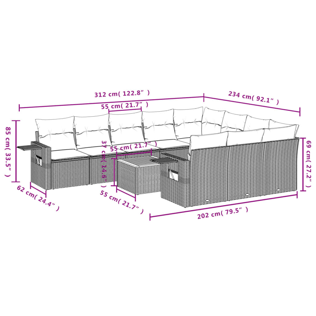 Set canapele de grădină cu perne, 11 piese, negru, poliratan 3257070 - imagine 3