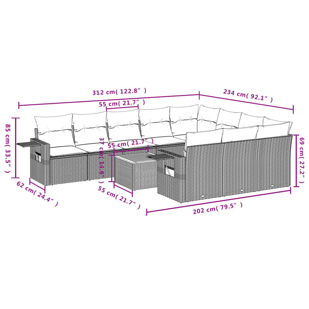 vidaXL 11-delige Tuinset met kussens poly rattan beige