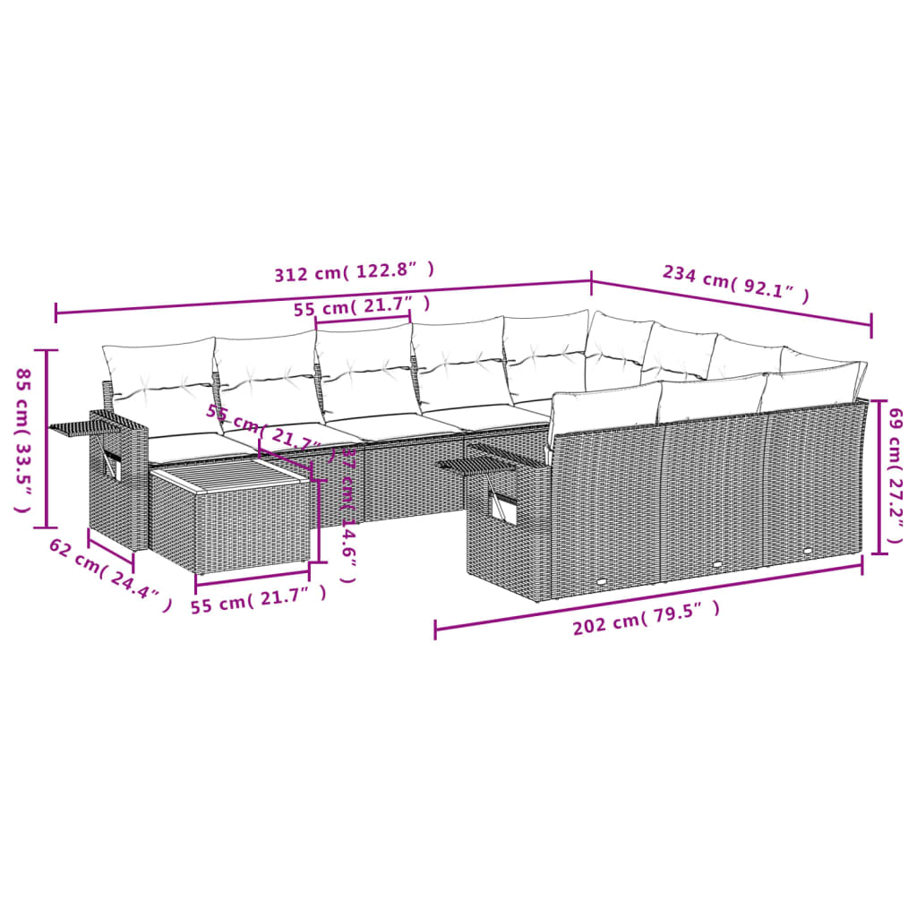 vidaXL 11-delige Loungeset met kussens poly rattan gemengd beige