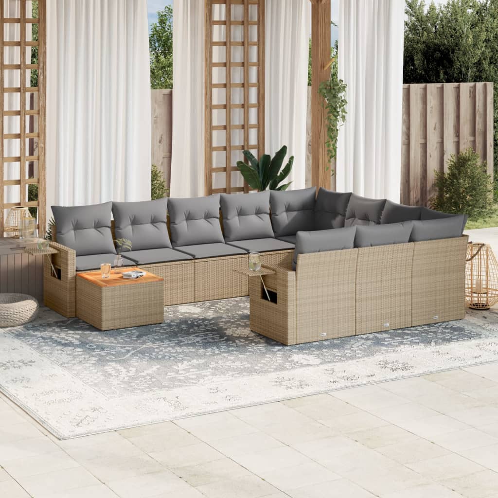 vidaXL 11-tlg. Garten-Sofagarnitur mit Kissen Beige Poly Rattan