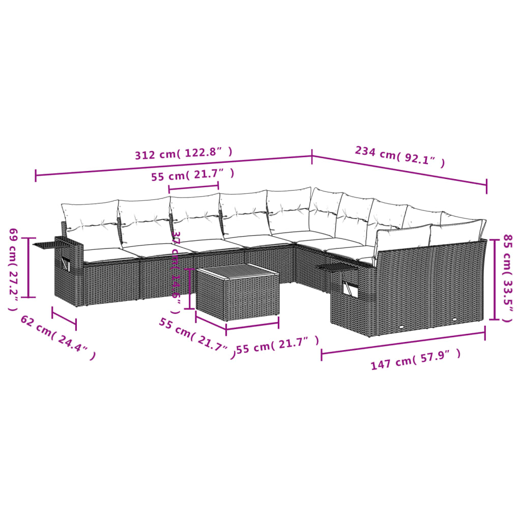 vidaXL 11-delige Loungeset met kussens poly rattan zwart