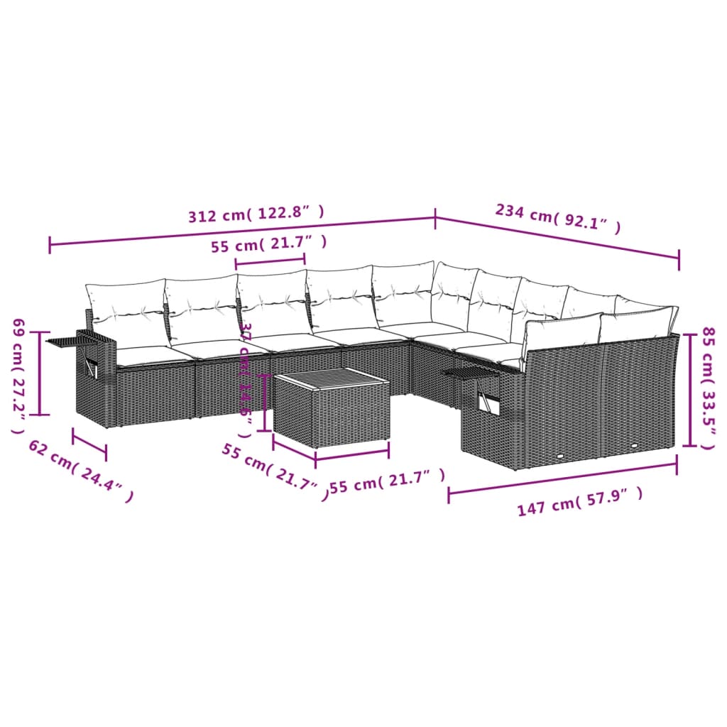 vidaXL 11-delige Tuinset met kussens poly rattan beige afbeelding