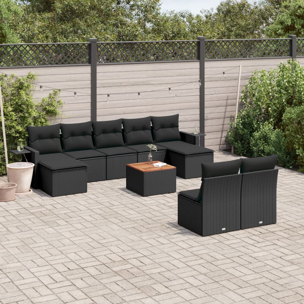 vidaXL 10-tlg. Garten-Sofagarnitur mit Kissen Schwarz Poly Rattan