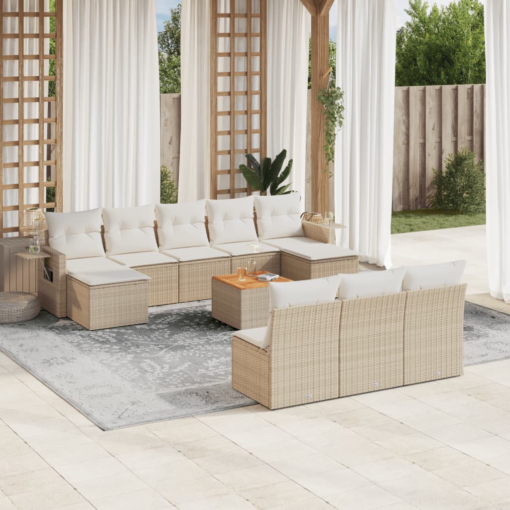 vidaXL 11-tlg. Garten-Sofagarnitur mit Kissen Beige Poly Rattan