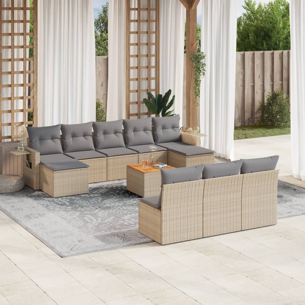 vidaXL 11-tlg. Garten-Sofagarnitur mit Kissen Beige Poly Rattan