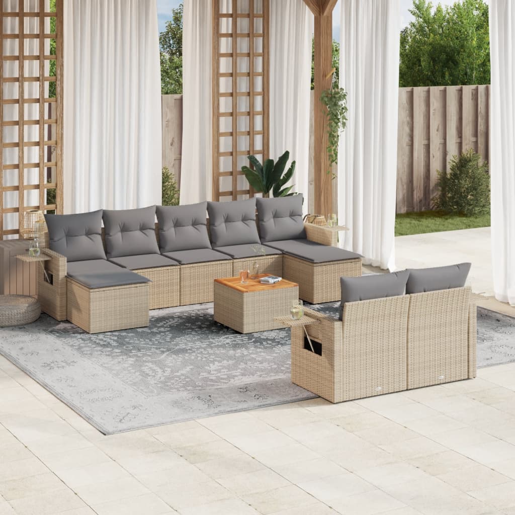 vidaXL 10 pcs conj. sofás jardim c/ almofadões vime PE bege misturado
