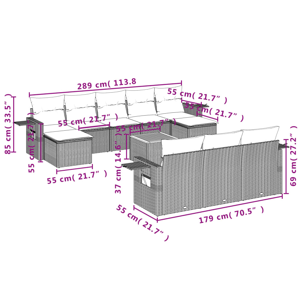 vidaXL 11-delige Tuinset met kussens poly rattan beige