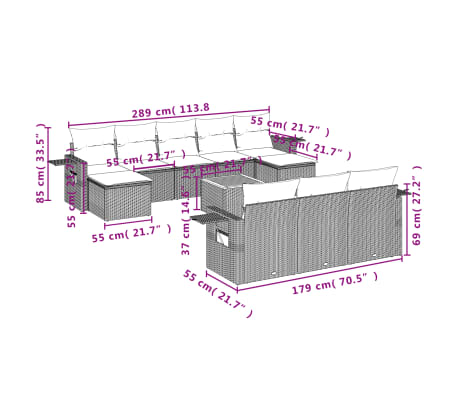 vidaXL 11-delige Tuinset met kussens poly rattan beige