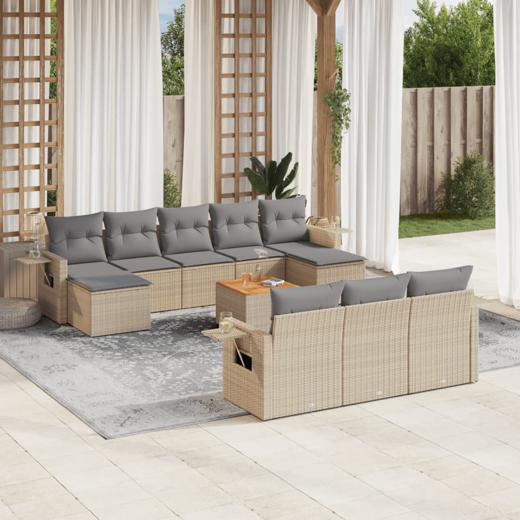 vidaXL 11 pcs conj. sofás jardim c/ almofadões vime PE bege misturado