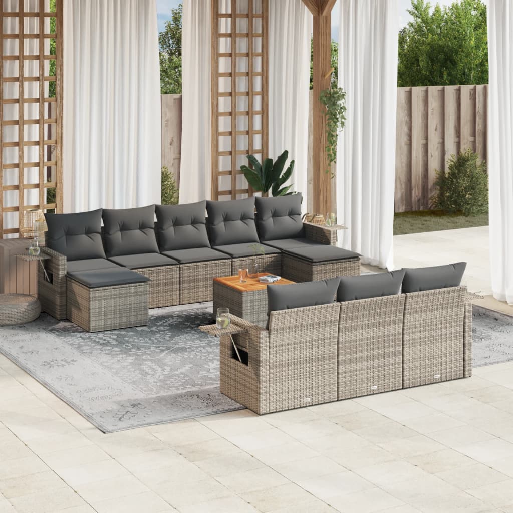 vidaXL 11-tlg. Garten-Sofagarnitur mit Kissen Grau Poly Rattan