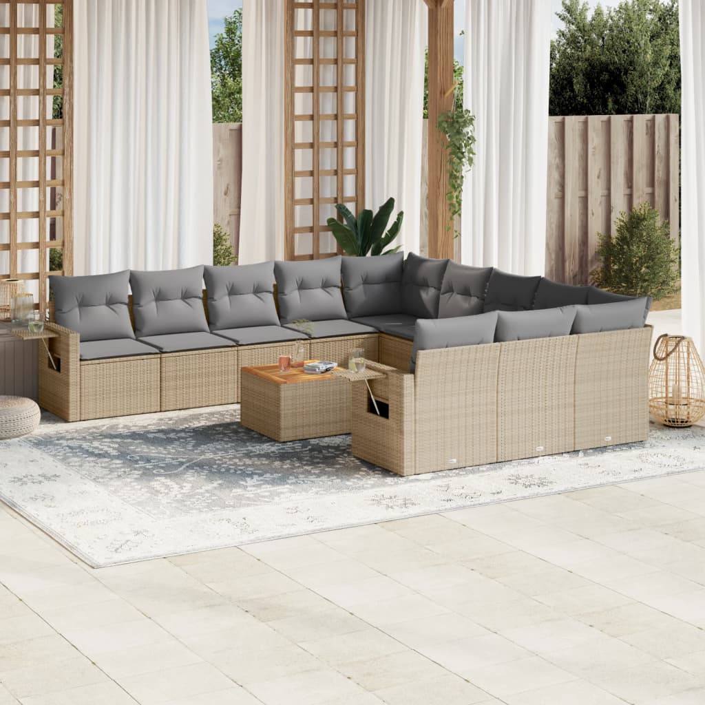 vidaXL 12-tlg. Garten-Sofagarnitur mit Kissen Beige Poly Rattan