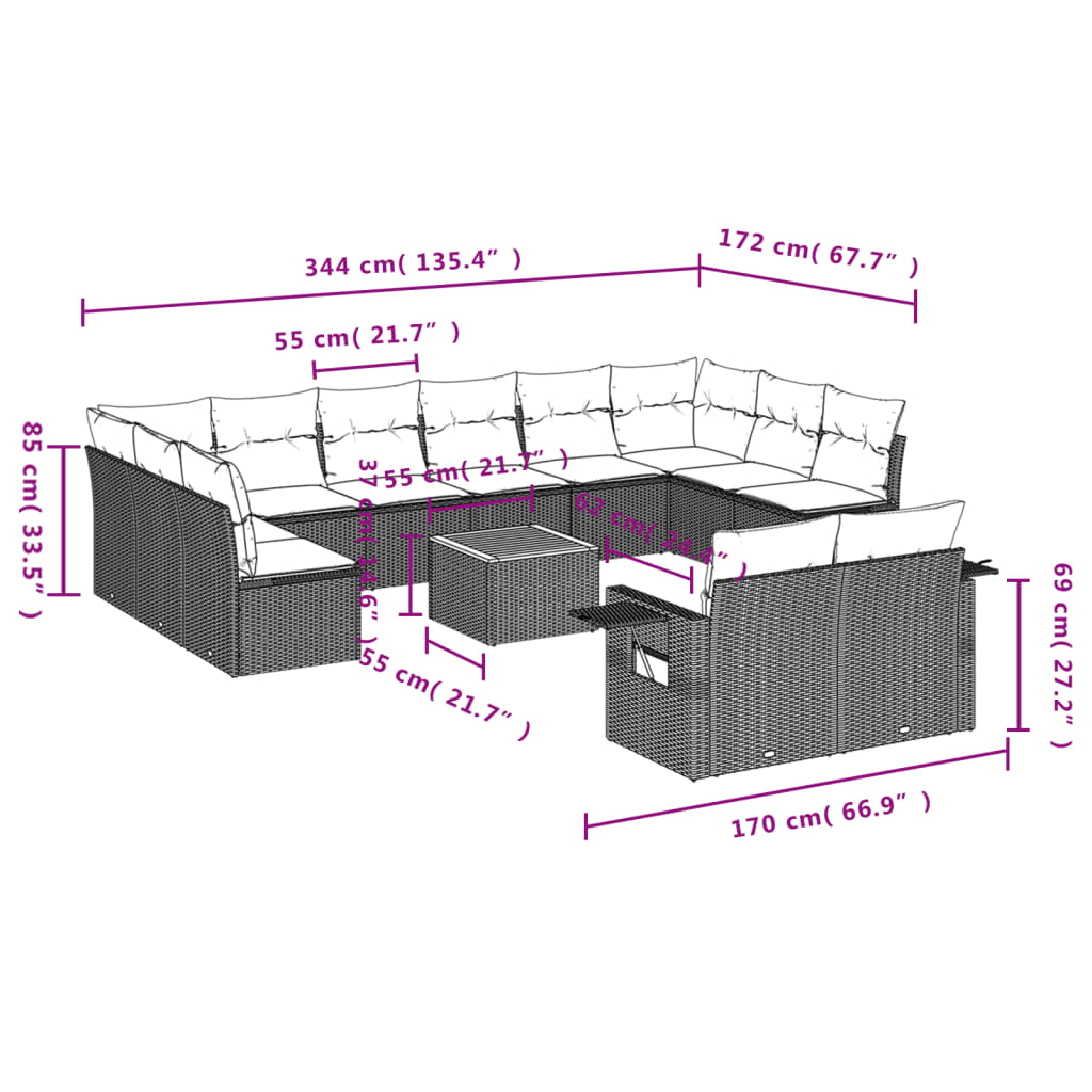 vidaXL 13-delige Loungeset met kussens poly rattan gemengd beige afbeelding