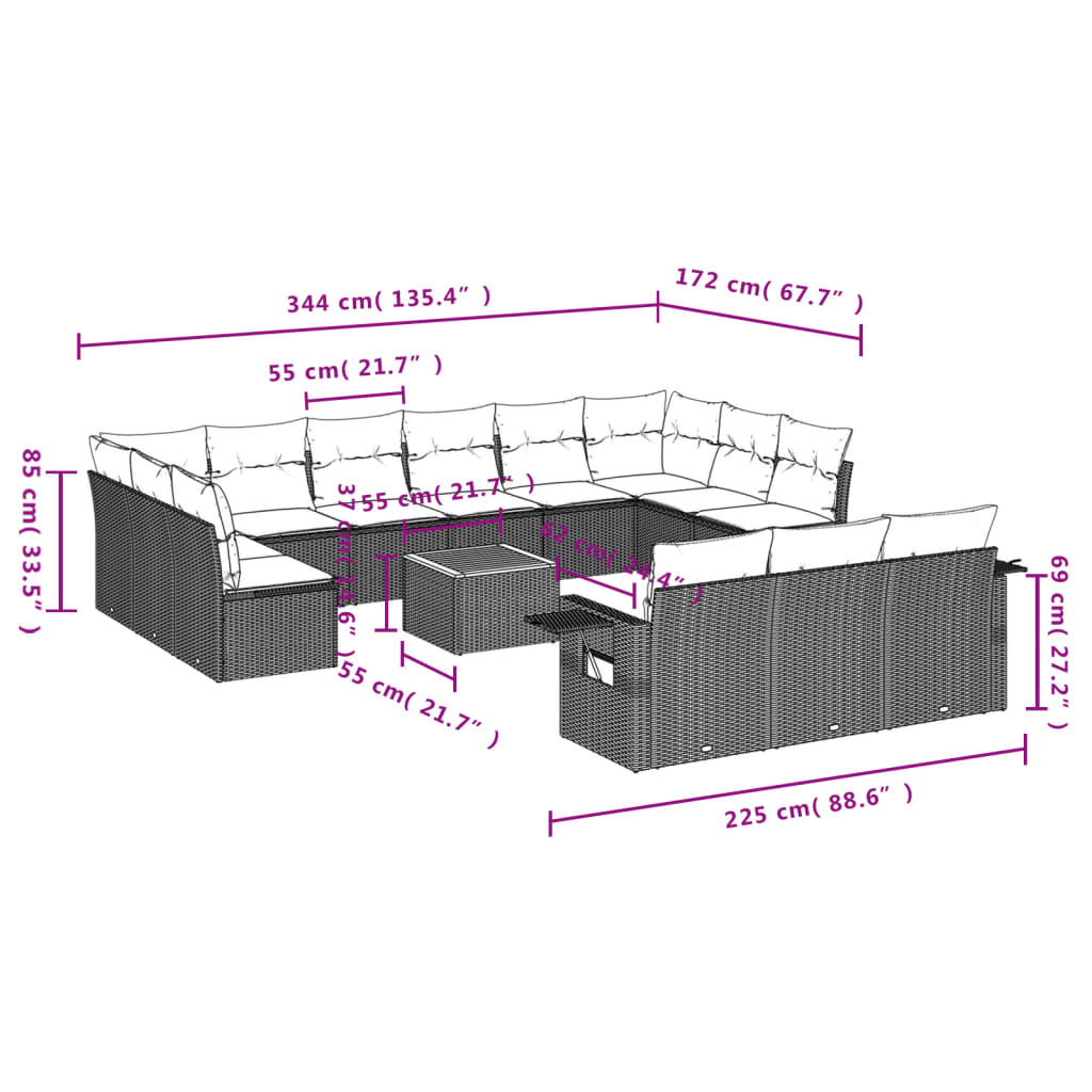 vidaXL 14-delige Loungeset met kussens poly rattan beige afbeelding