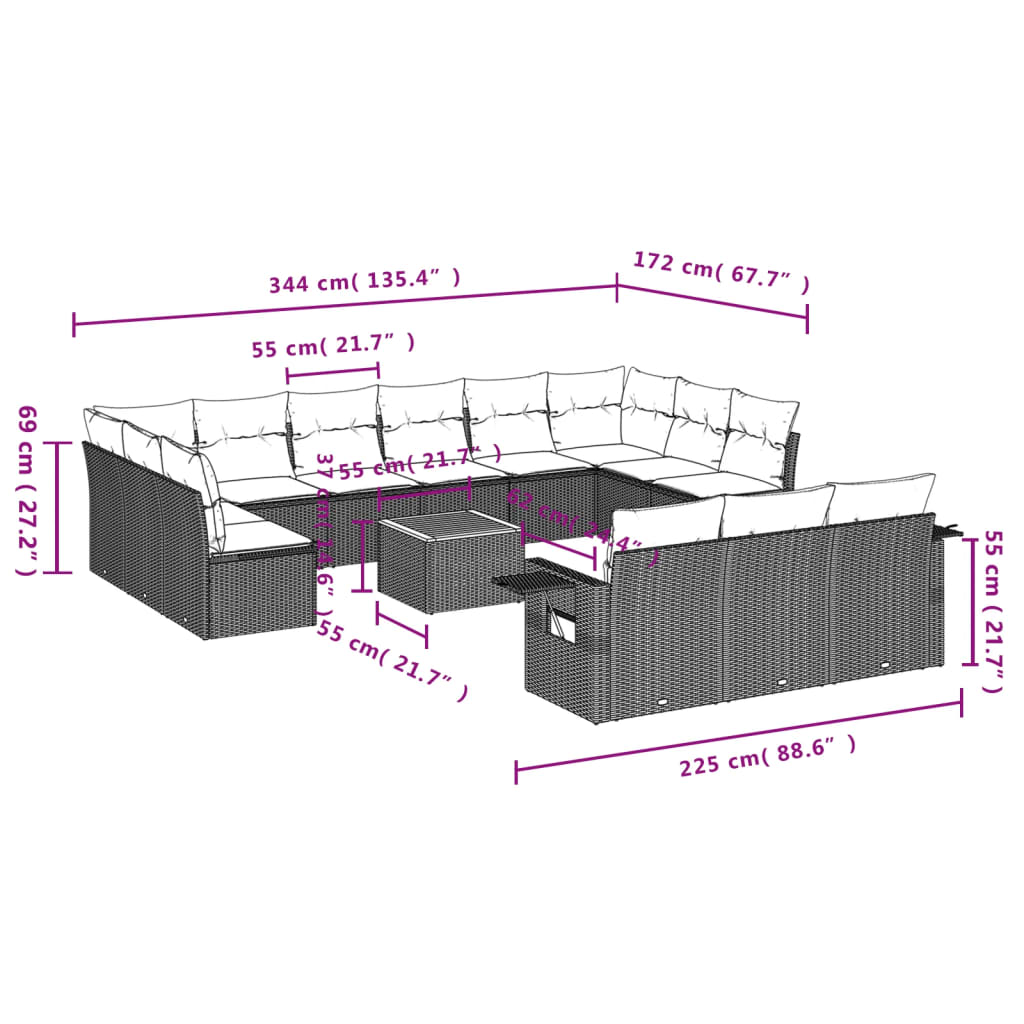 Set mobilier de grădină cu perne, 14 piese, gri, poliratan 3257138 - imagine 3