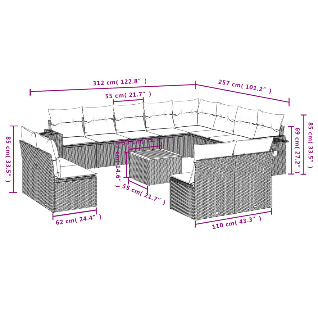 Set mobilier de grădină cu perne, 13 piese, negru, poliratan 3257141 - imagine 3