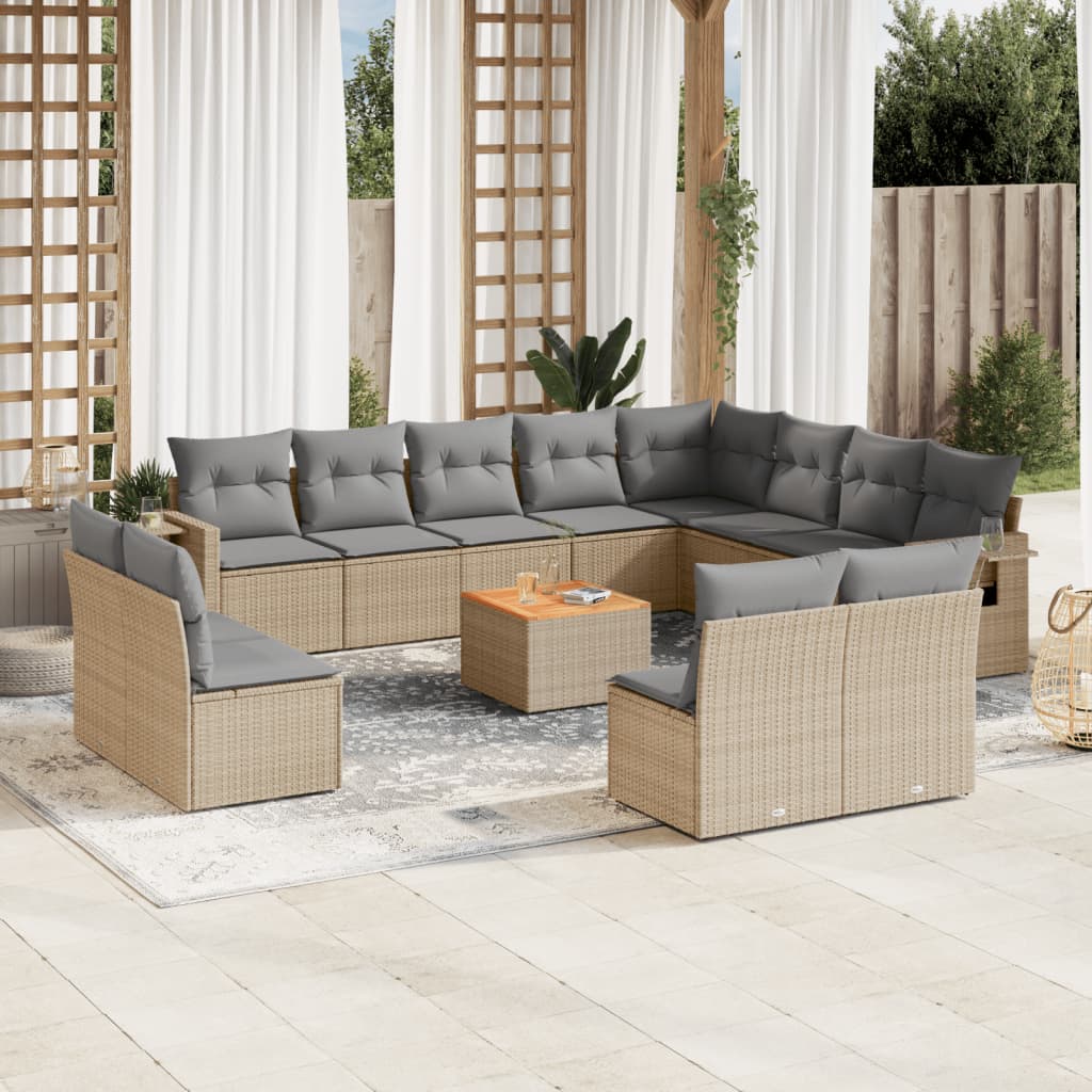 vidaXL 13-tlg. Garten-Sofagarnitur mit Kissen Beige Poly Rattan