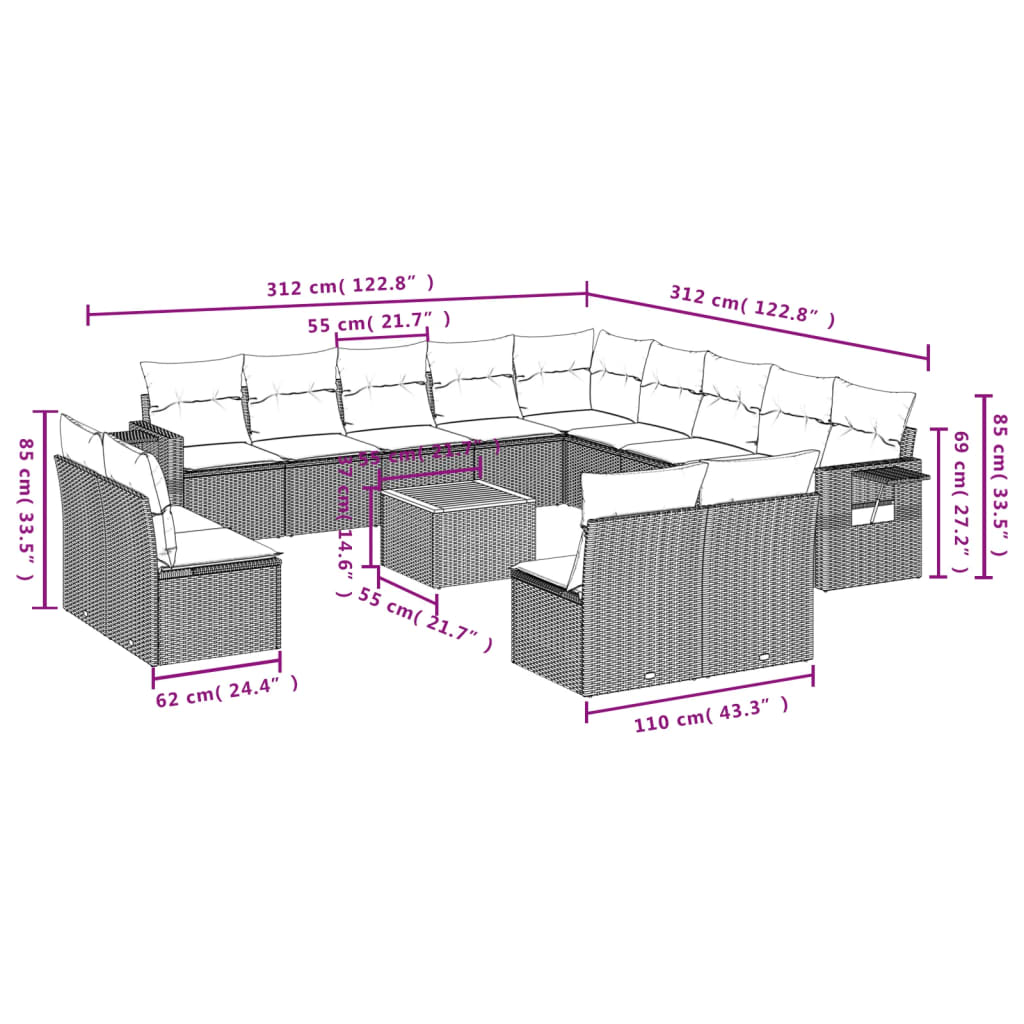 Set mobilier de grădină cu perne, 14 piese, negru, poliratan 3257148 - imagine 3