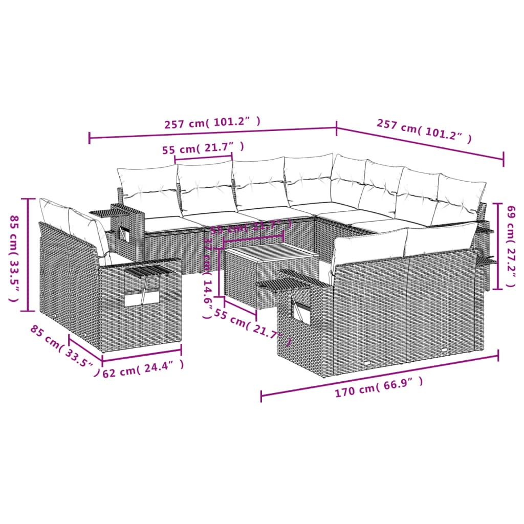vidaXL 12-delige Loungeset met kussens poly rattan grijs afbeelding