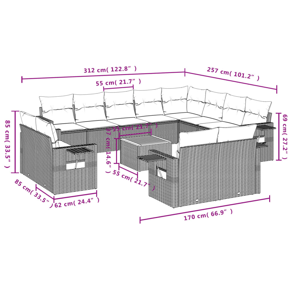 Set mobilier de grădină cu perne, 13 piese, negru, poliratan 3257161 - imagine 3