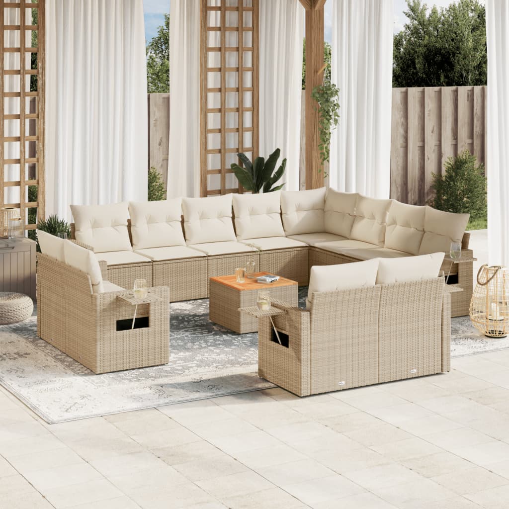 13-tlg. Garten-Sofagarnitur mit Kissen Beige Poly Rattan