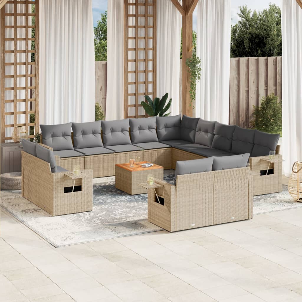 vidaXL 14-tlg. Garten-Sofagarnitur mit Kissen Beige Poly Rattan