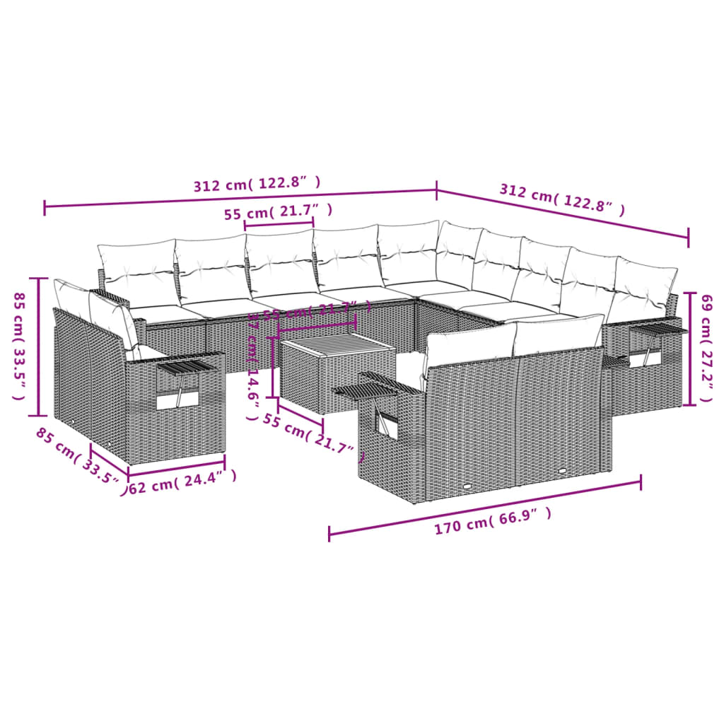 vidaXL 14-delige Loungeset met kussens poly rattan grijs afbeelding