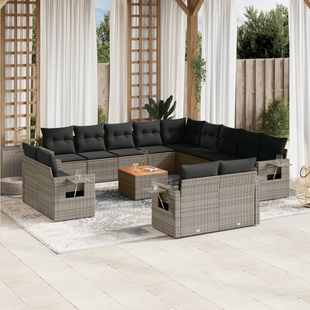 vidaXL 14-tlg. Garten-Sofagarnitur mit Kissen Grau Poly Rattan