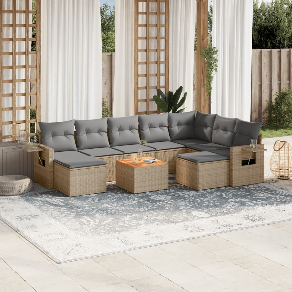 vidaXL 10-tlg. Garten-Sofagarnitur mit Kissen Beige Poly Rattan